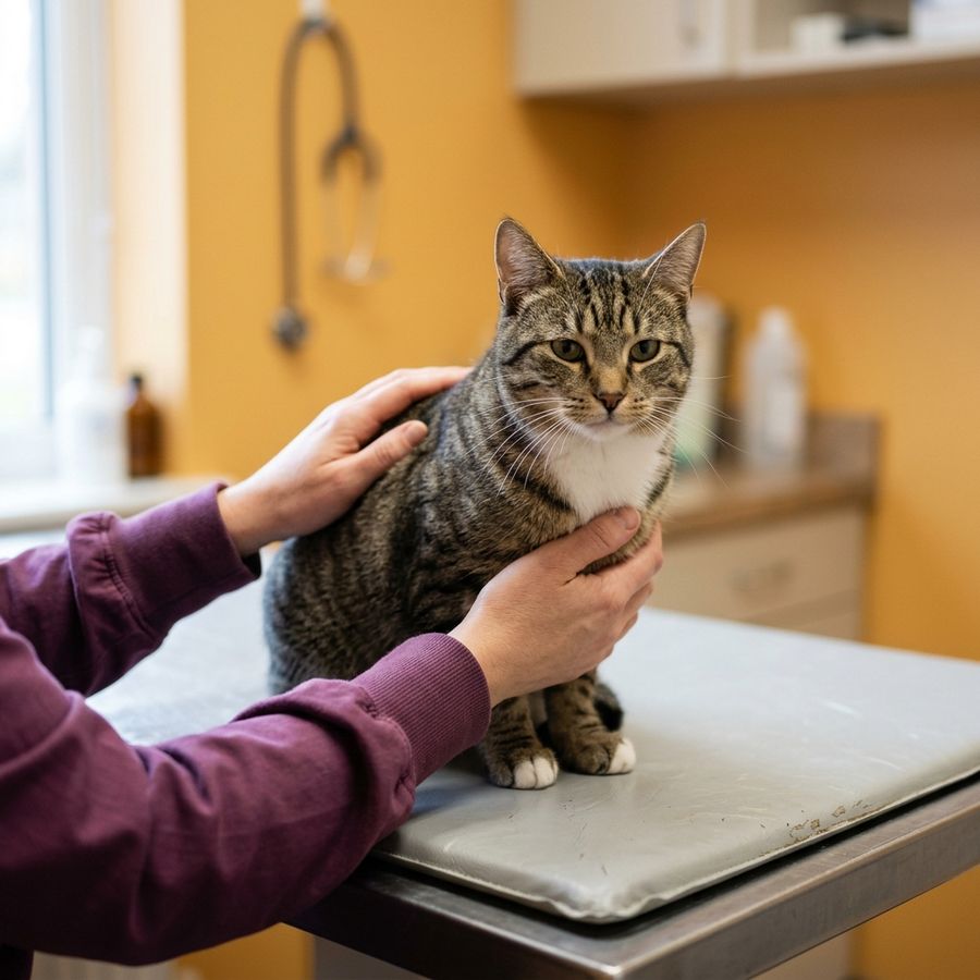 Un gato atigrado tranquilo sobre la mesa de consulta, sostenido con cuidado por manos de una veterinaria
