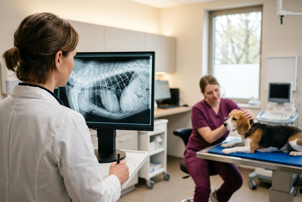 Especialista veterinaria revisando una radiografía de tórax de un perro mientras una técnica atiende a un beagle