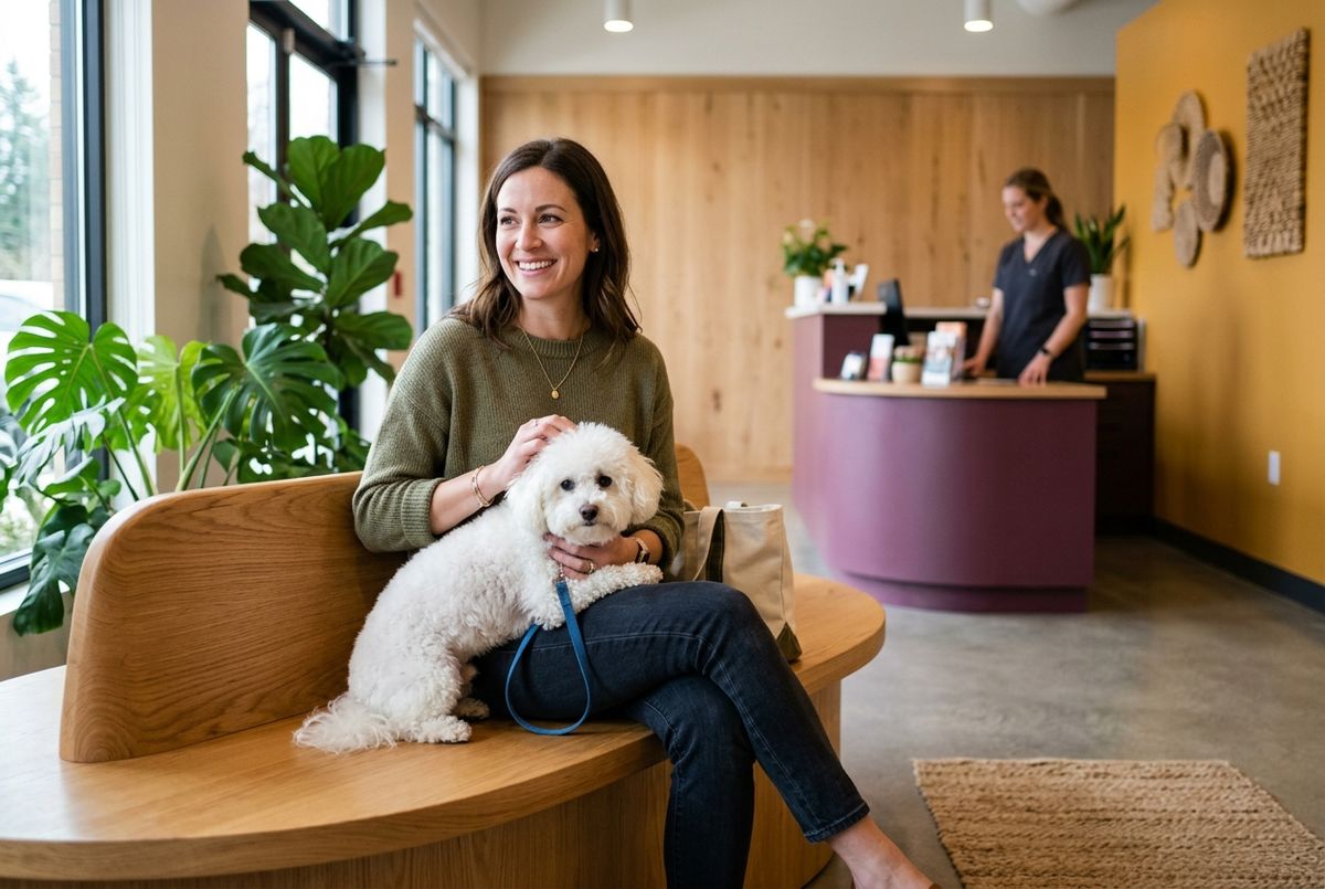 Una clienta sonriente espera con su perrito en la sala de recepción de la clínica